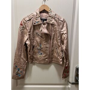 Runaway Basic Embroidered Faux Leather Moto Jacket in  Light pink size S
